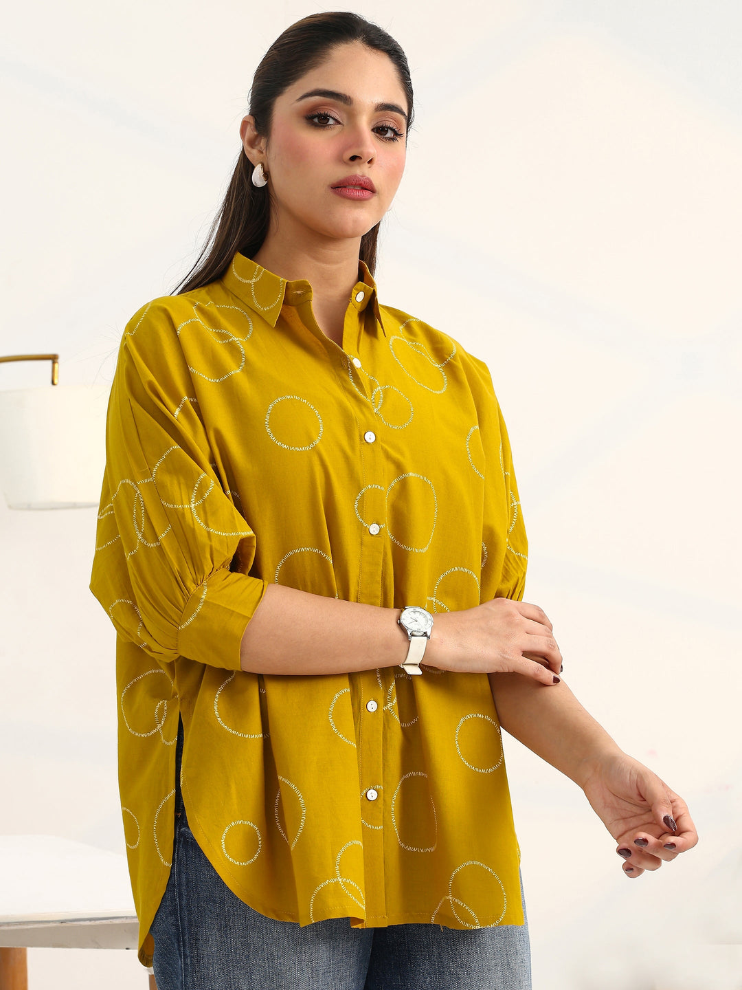  Mustard Geometric Printed Cotton Shirt 