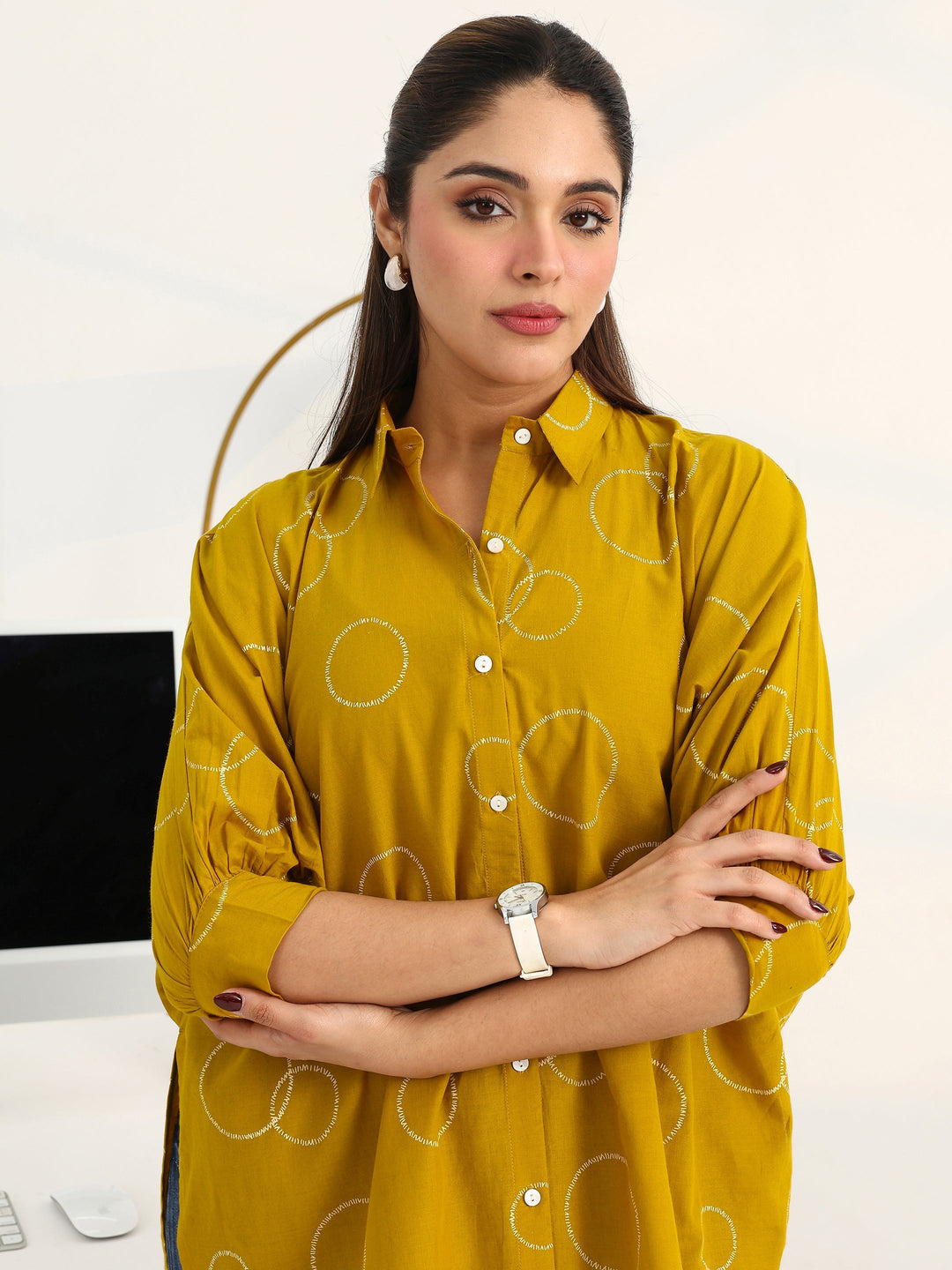 Mustard Geometric Printed Cotton Shirt 