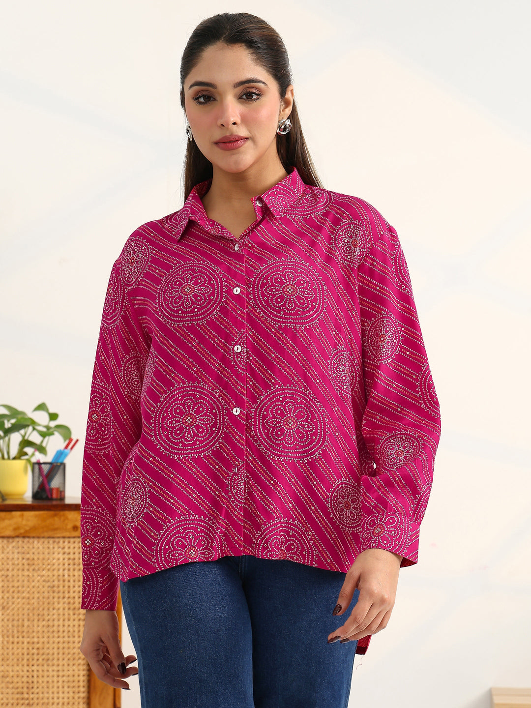  Bandhani Pink Cotton Blend Signature Shirt 