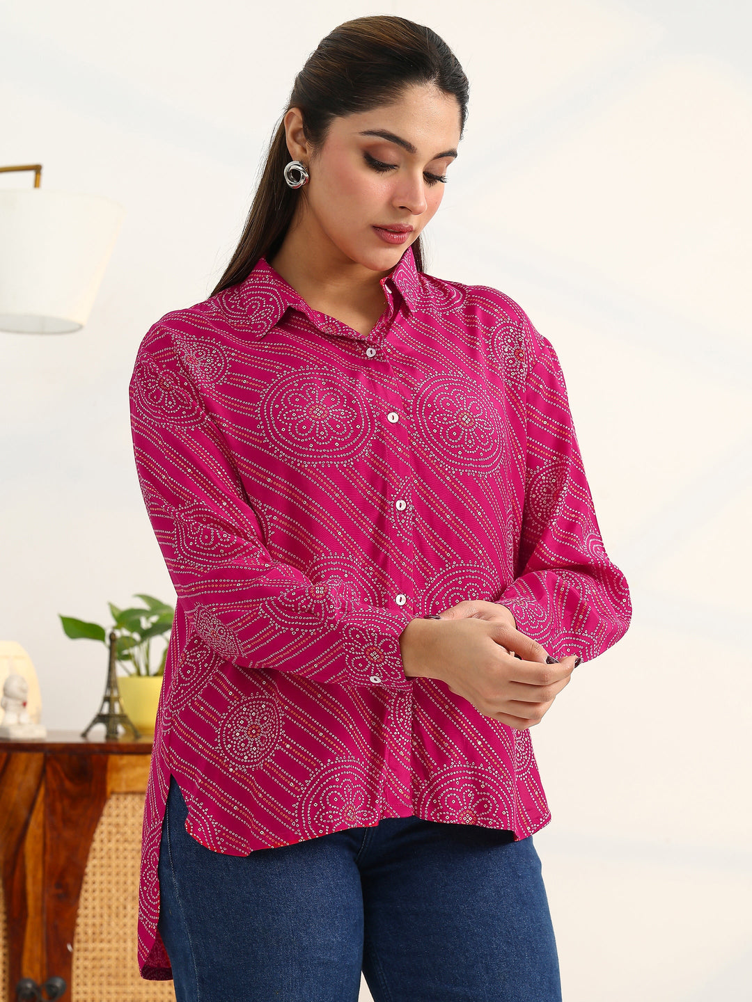  Bandhani Pink Cotton Blend Signature Shirt 