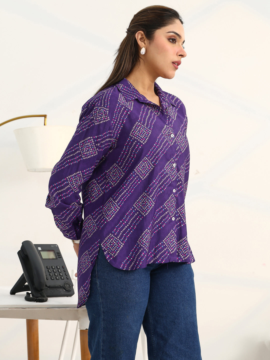  Purple Ethnic Motifs Printed Cotton Shirt 