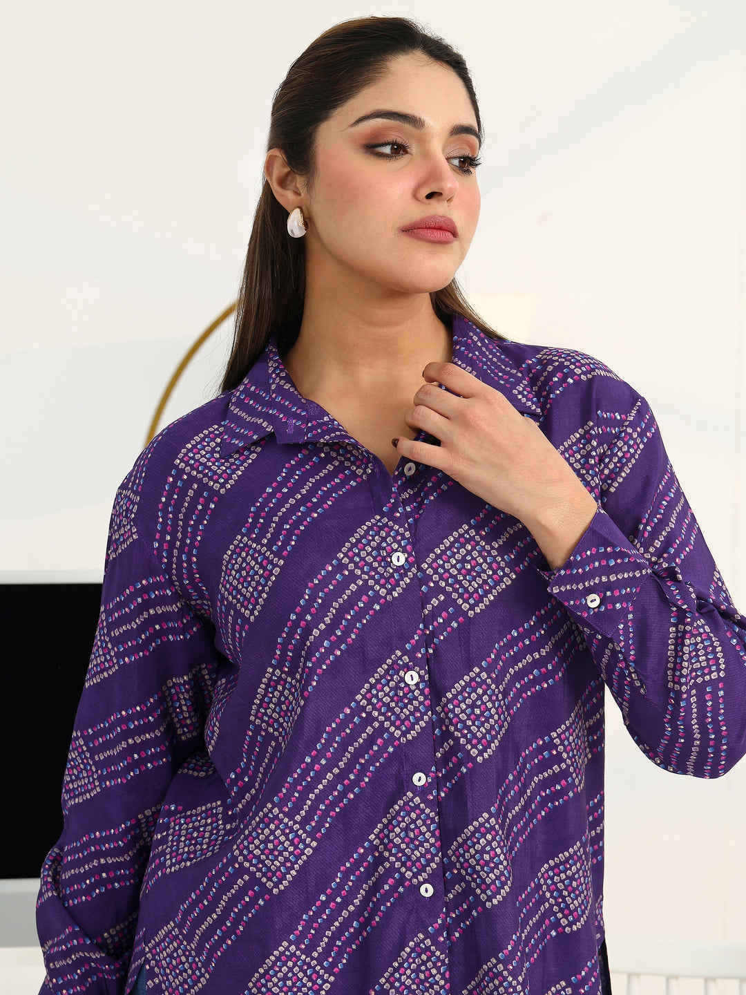  Purple Ethnic Motifs Printed Cotton Shirt 