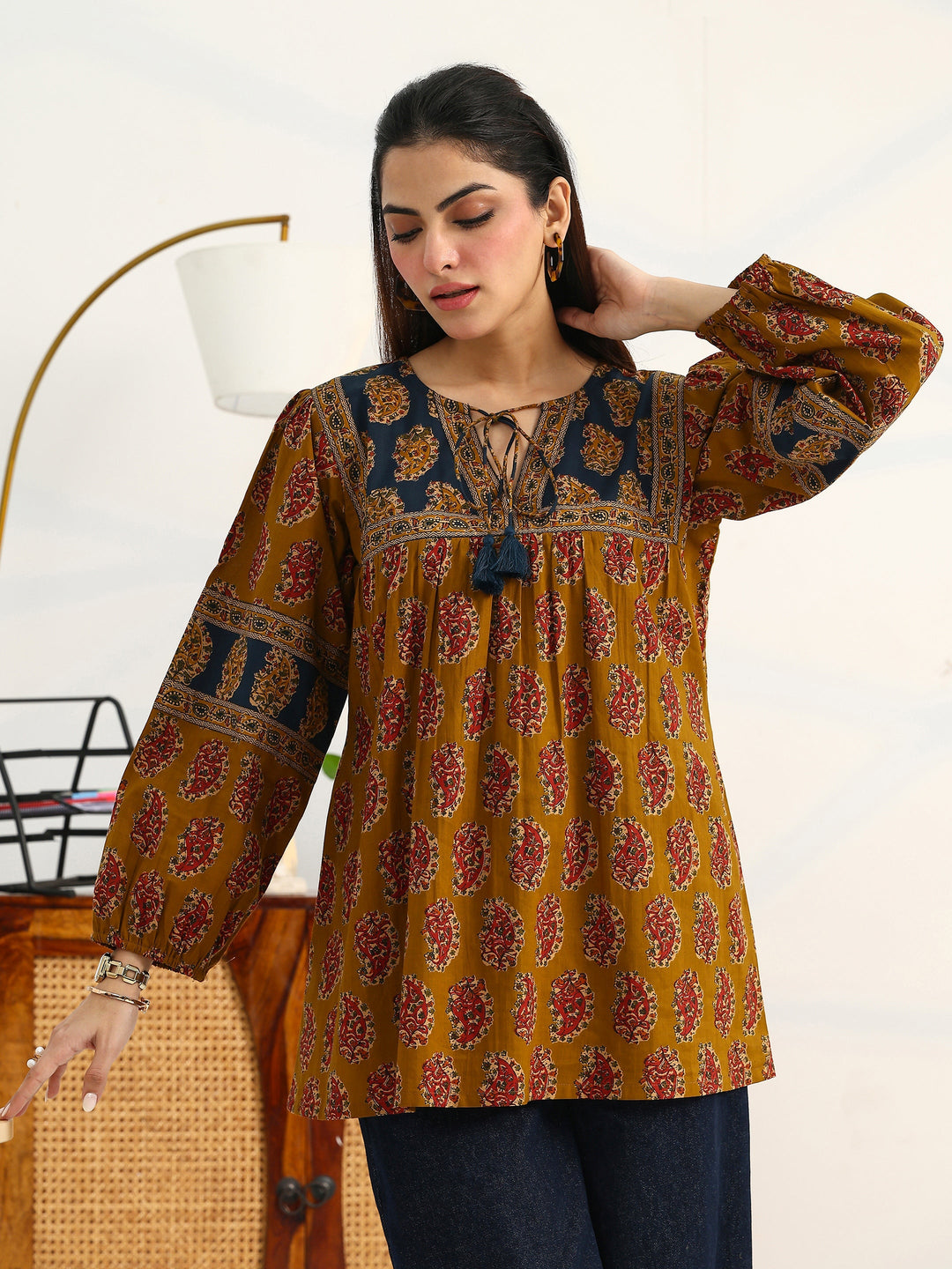 Mustard Ethnic Motifs Printed Cotton Blend Straight Short Kurti 