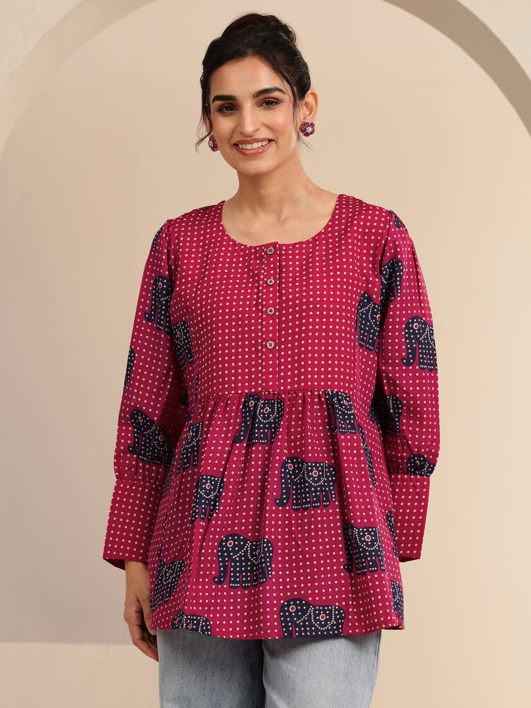  Pink Tribal Printed Cotton Blend A-Line Short Kurti 