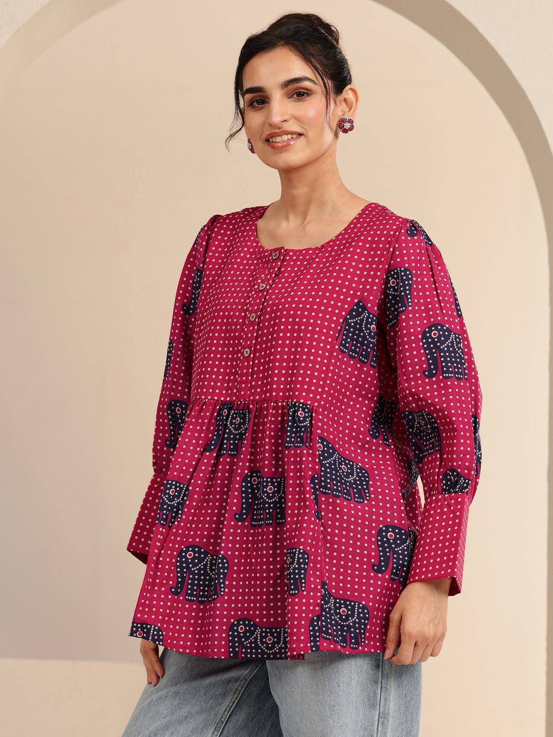  Pink Tribal Printed Cotton Blend A-Line Short Kurti 