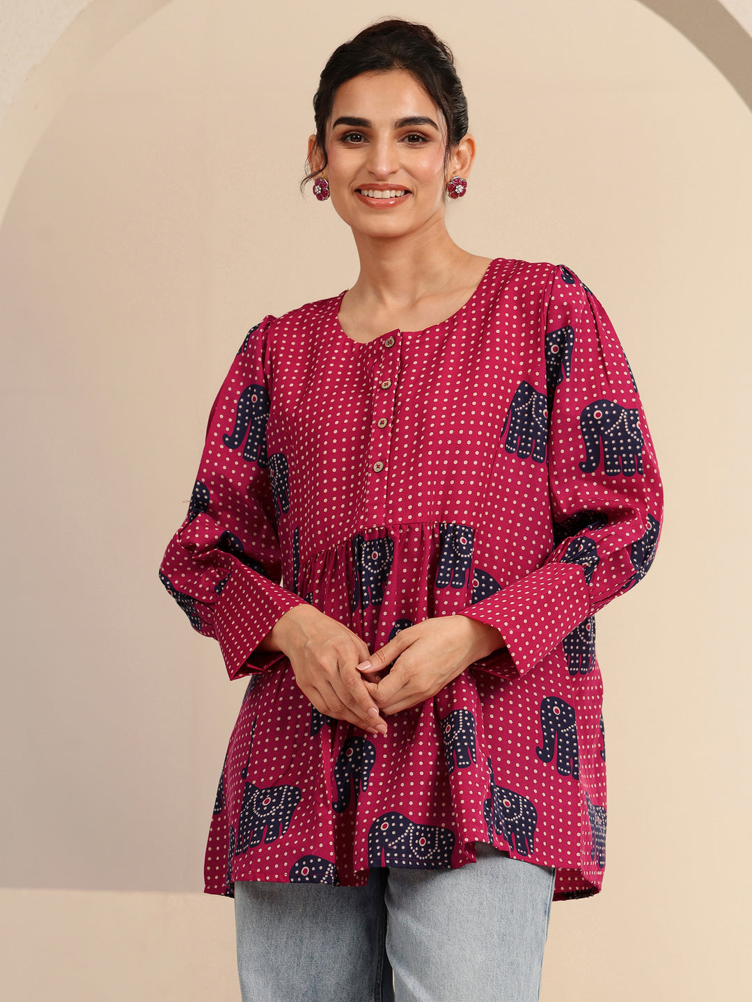  Pink Tribal Printed Cotton Blend A-Line Short Kurti 