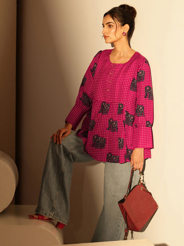 Gerua Pink Tribal Printed Cotton Blend A-Line Short Kurti