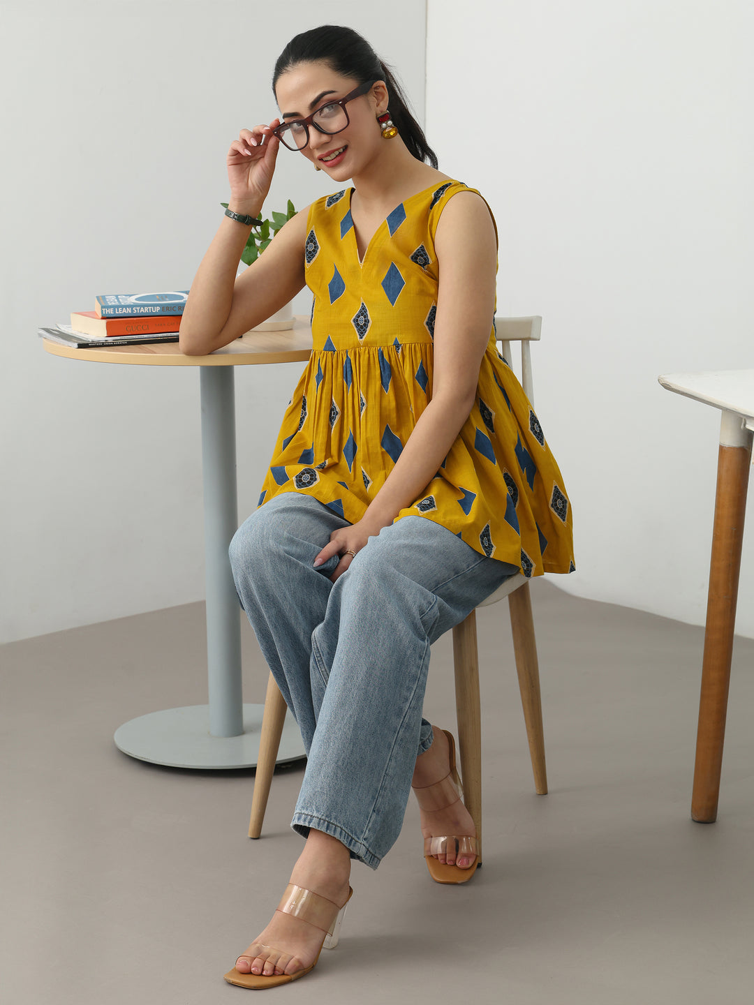  Yellow Geometric Printed Cotton Blend Anarkali Short Kurti 