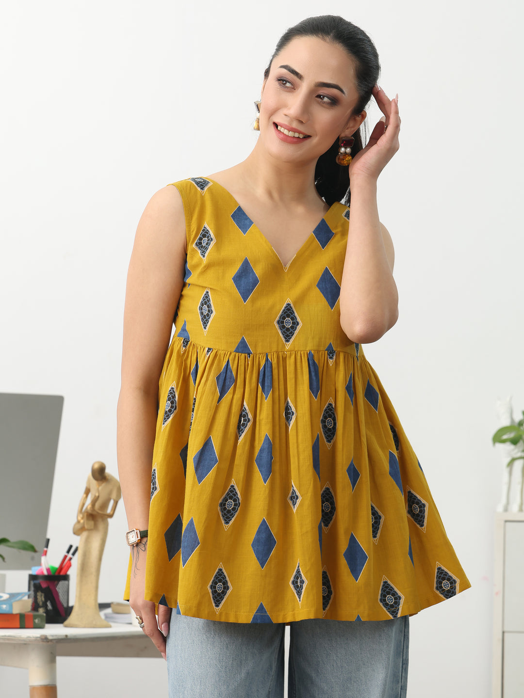  Yellow Geometric Printed Cotton Blend Anarkali Short Kurti 