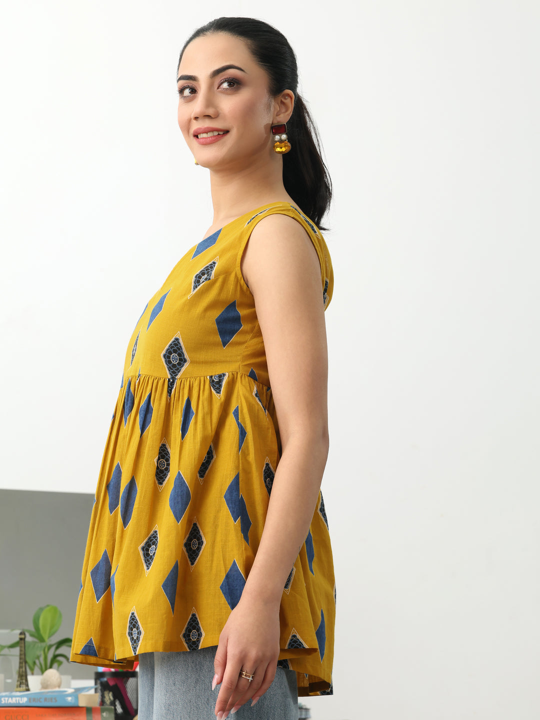  Yellow Geometric Printed Cotton Blend Anarkali Short Kurti 