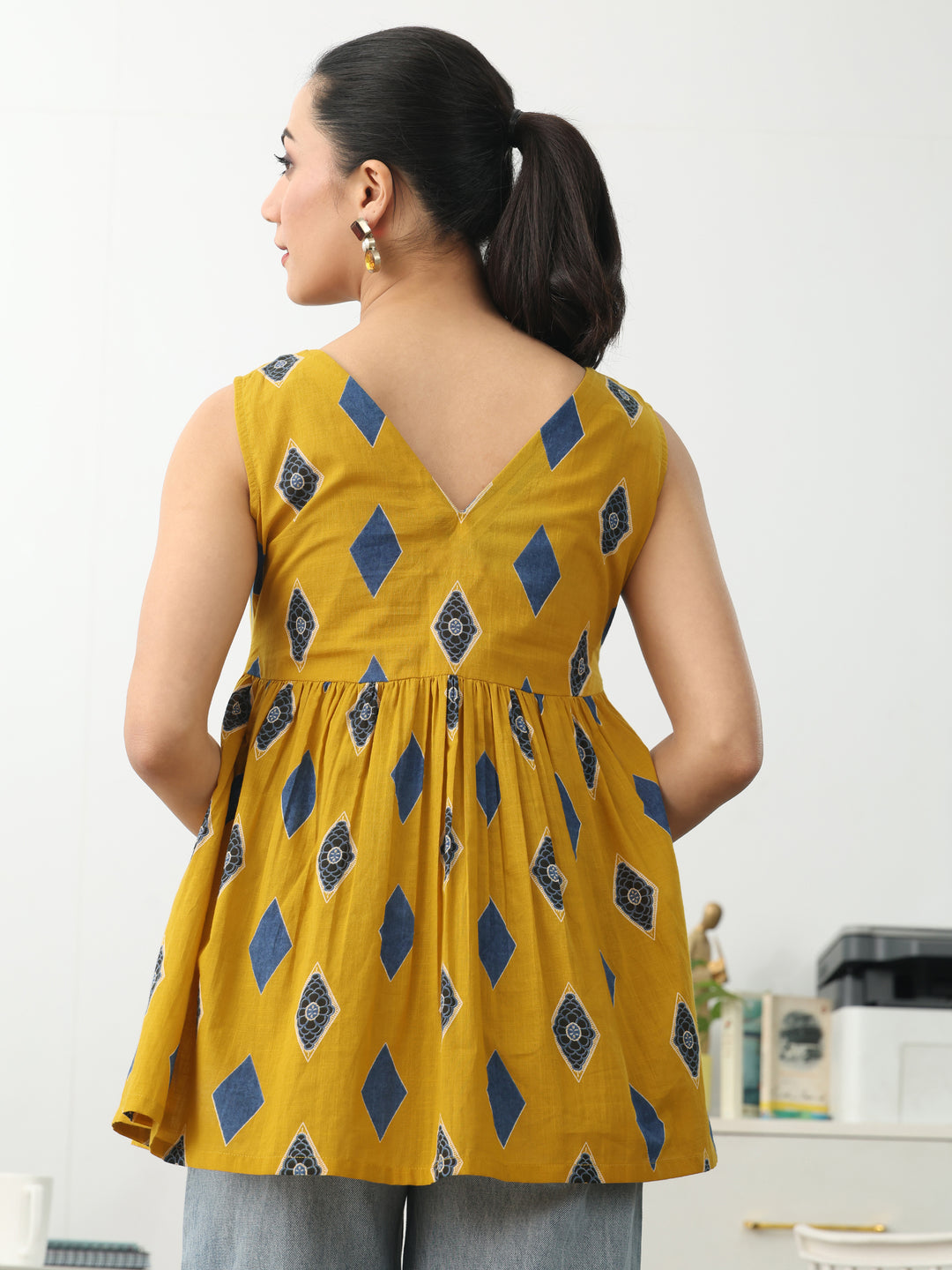  Yellow Geometric Printed Cotton Blend Anarkali Short Kurti 