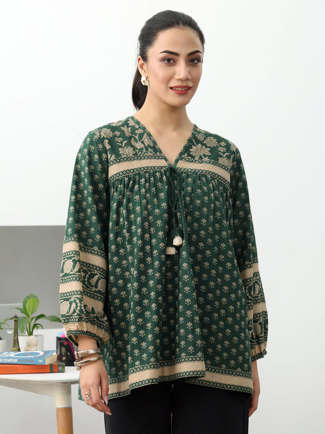  Green Ethnic Printed Cotton Blend A-Line Short Kurti 