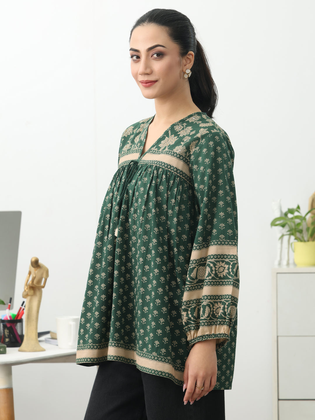  Green Ethnic Printed Cotton Blend A-Line Short Kurti 