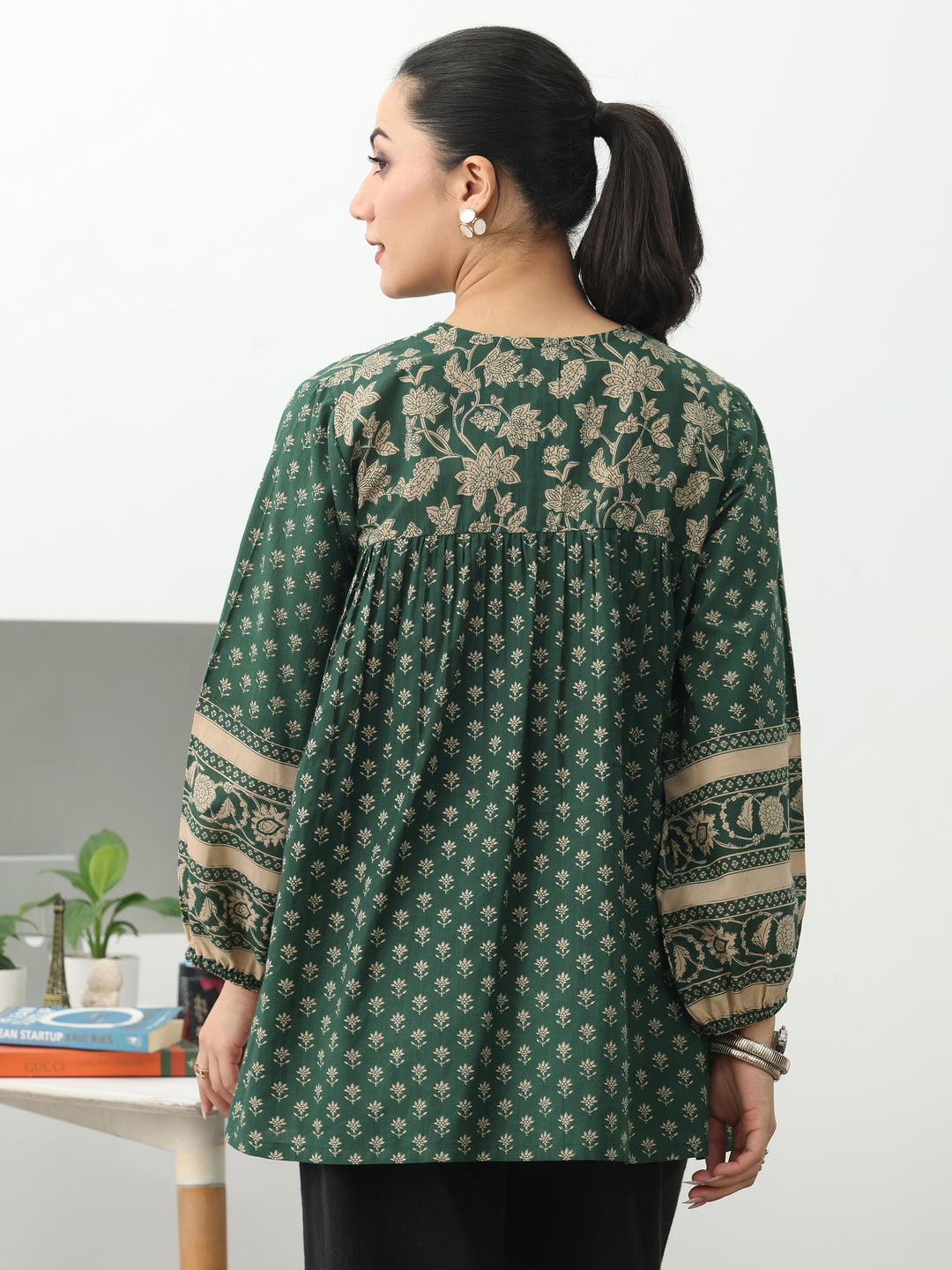  Green Ethnic Printed Cotton Blend A-Line Short Kurti 