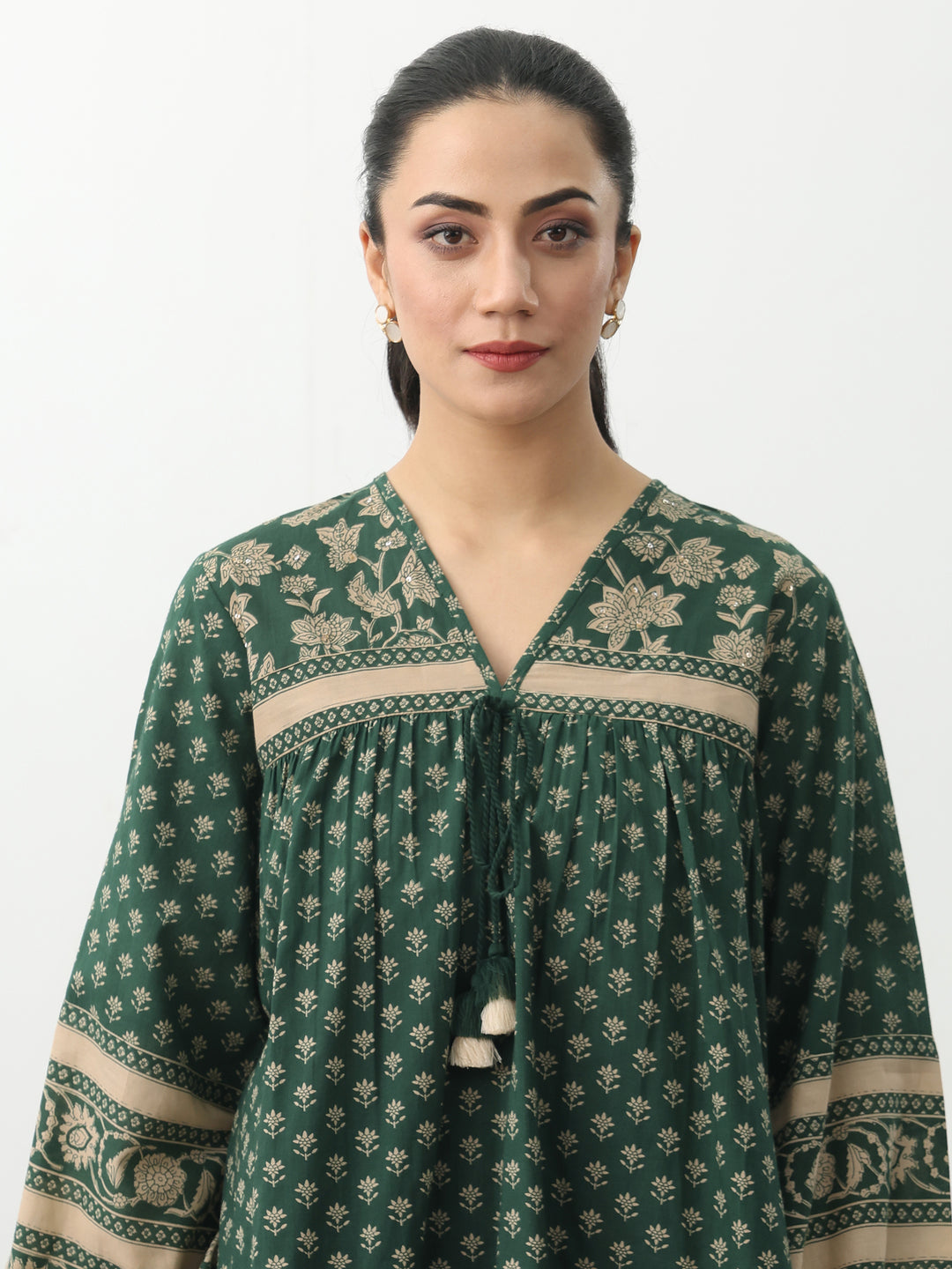  Green Ethnic Printed Cotton Blend A-Line Short Kurti 