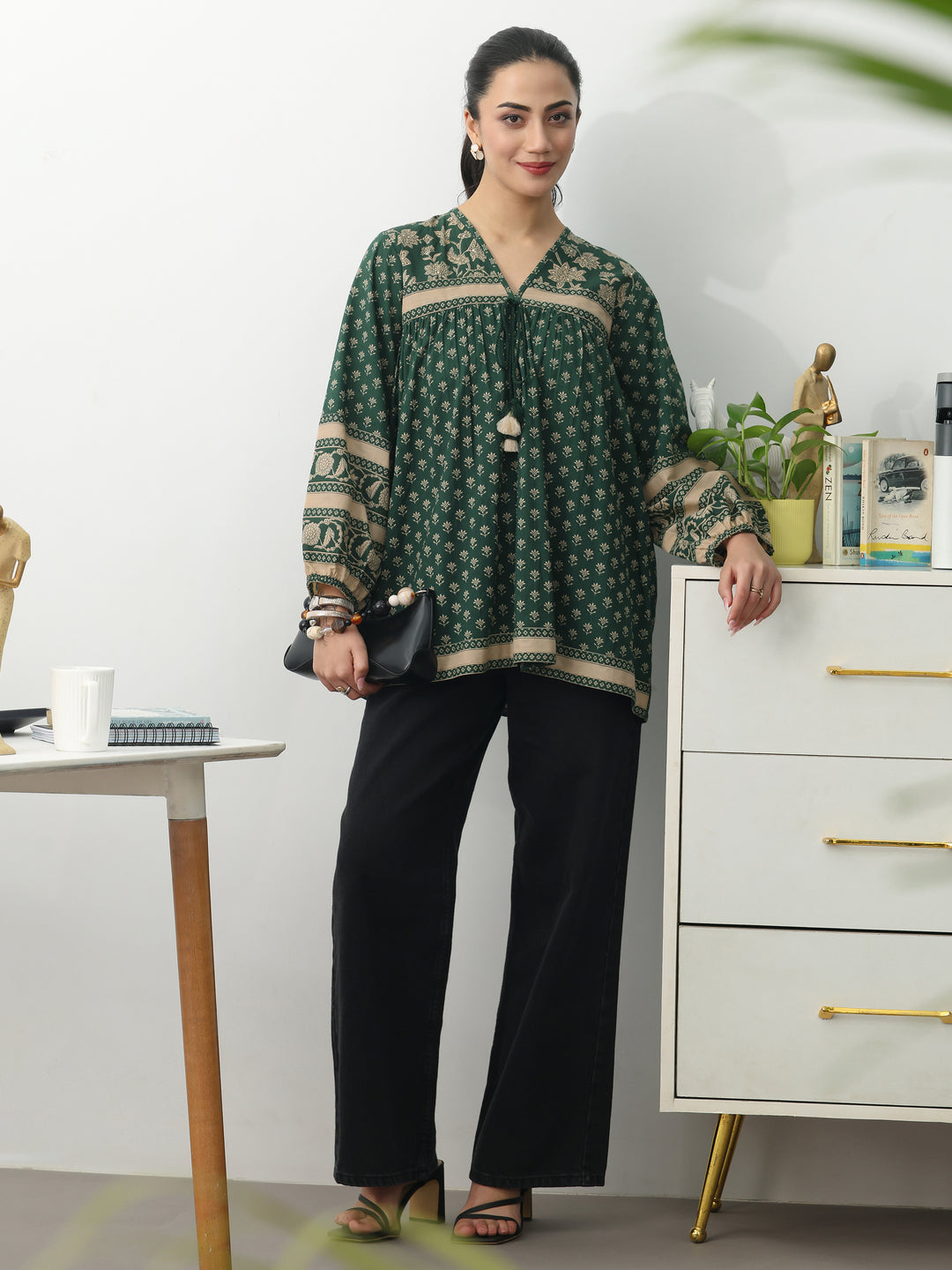 Green Ethnic Printed Cotton Blend A-Line Short Kurti 