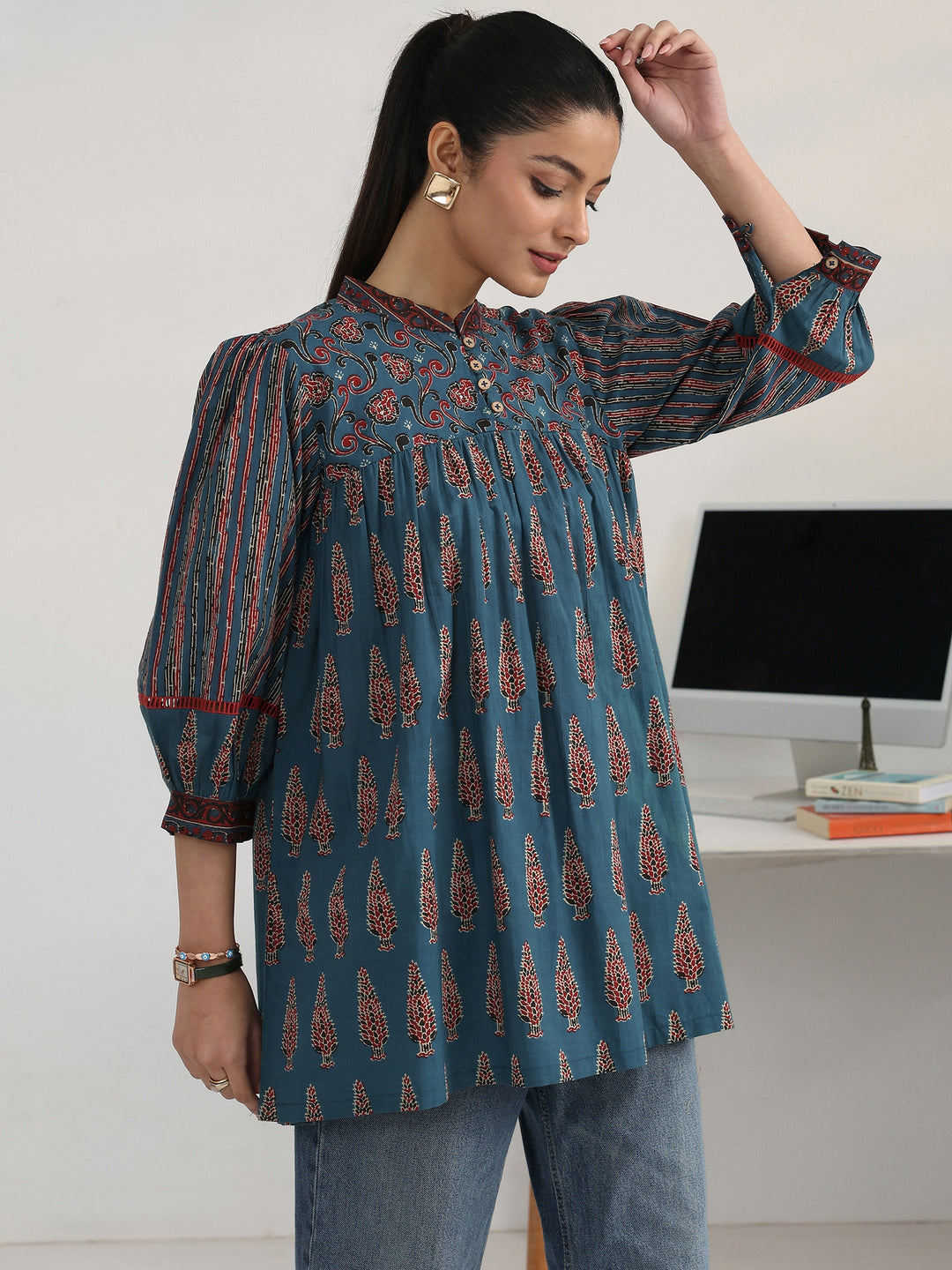  Blue Foliage Printed Cotton Blend A-Line Short Kurti 