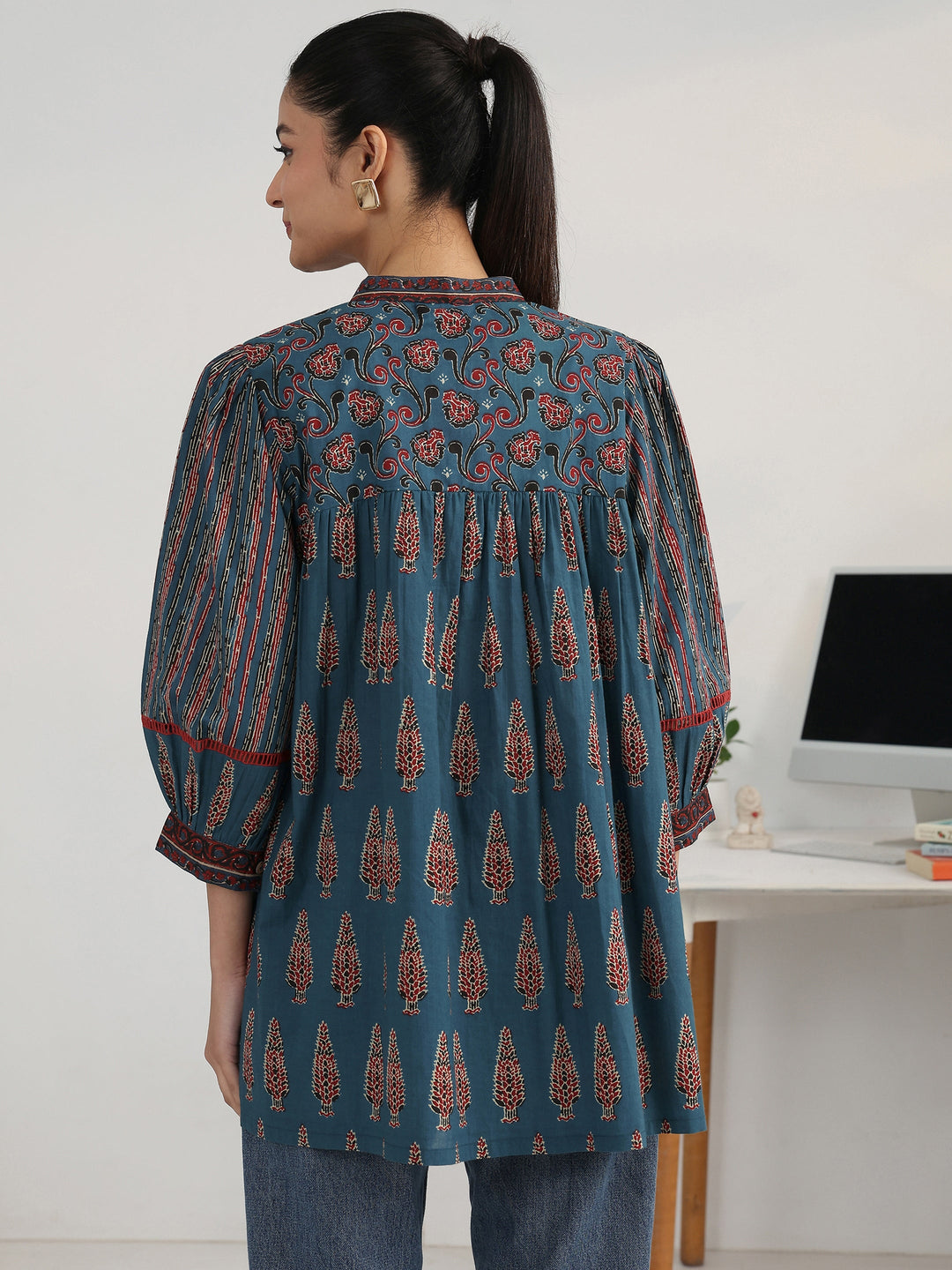  Blue Foliage Printed Cotton Blend A-Line Short Kurti 