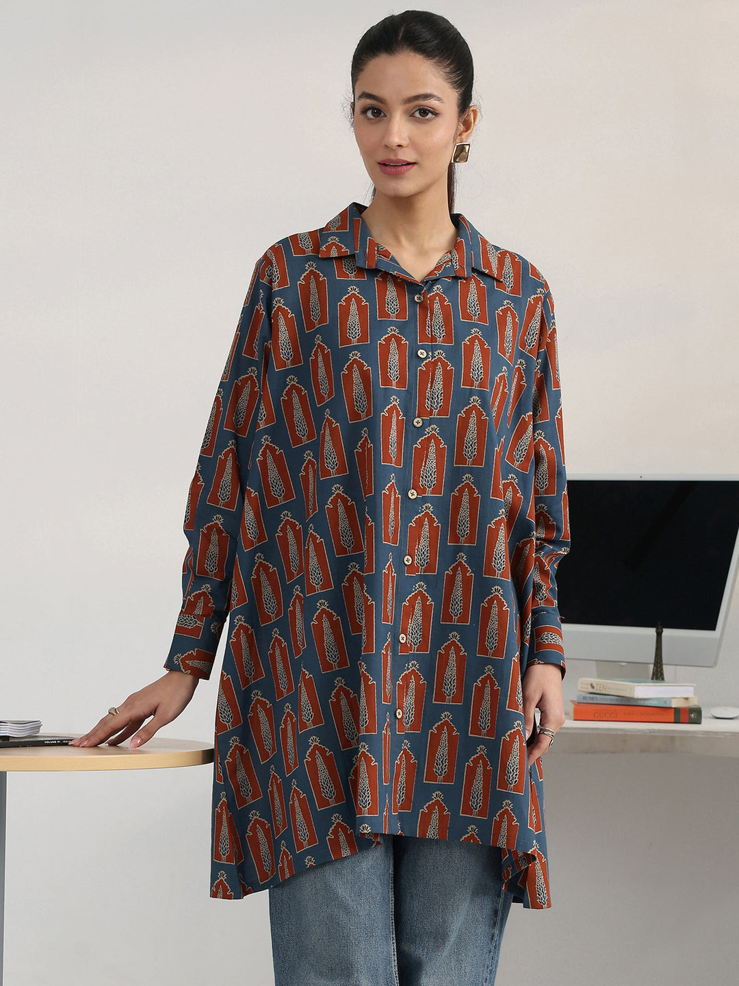  Navy Blue Geometric Printed Cotton Blend Shirt 