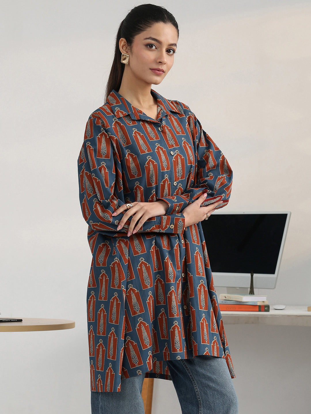  Navy Blue Geometric Printed Cotton Blend Shirt 