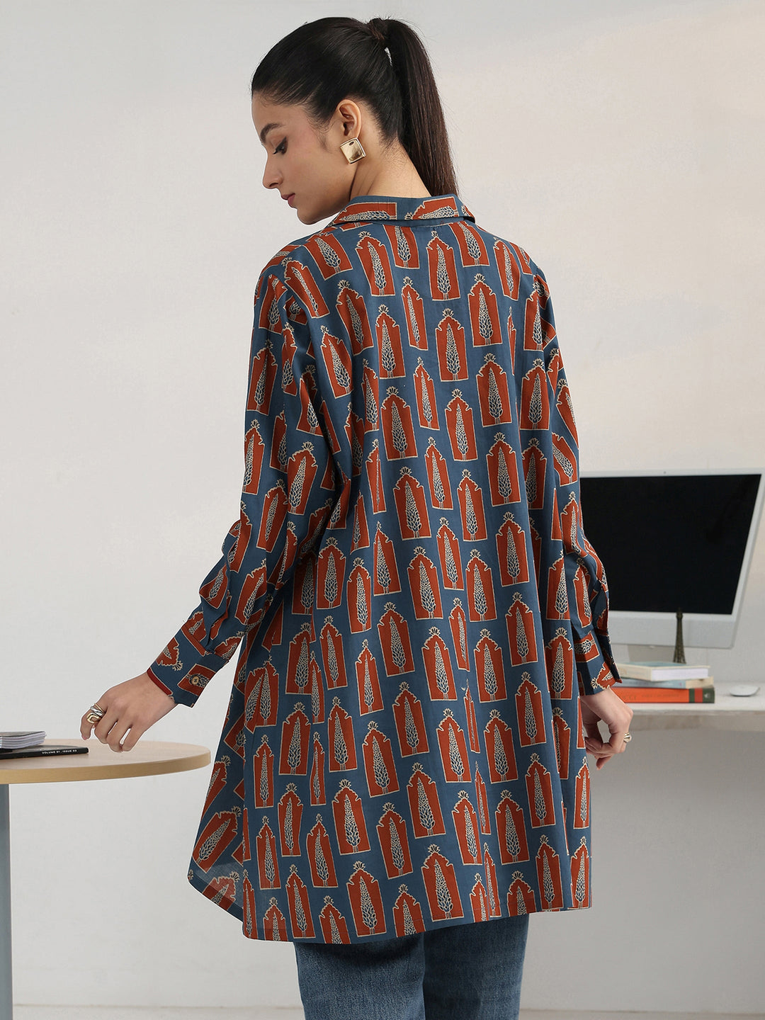  Navy Blue Geometric Printed Cotton Blend Shirt 