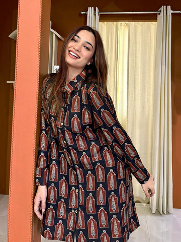 Gerua Vintage Black Printed Longline Cotton Blend Button Down Loose Fit Shirt