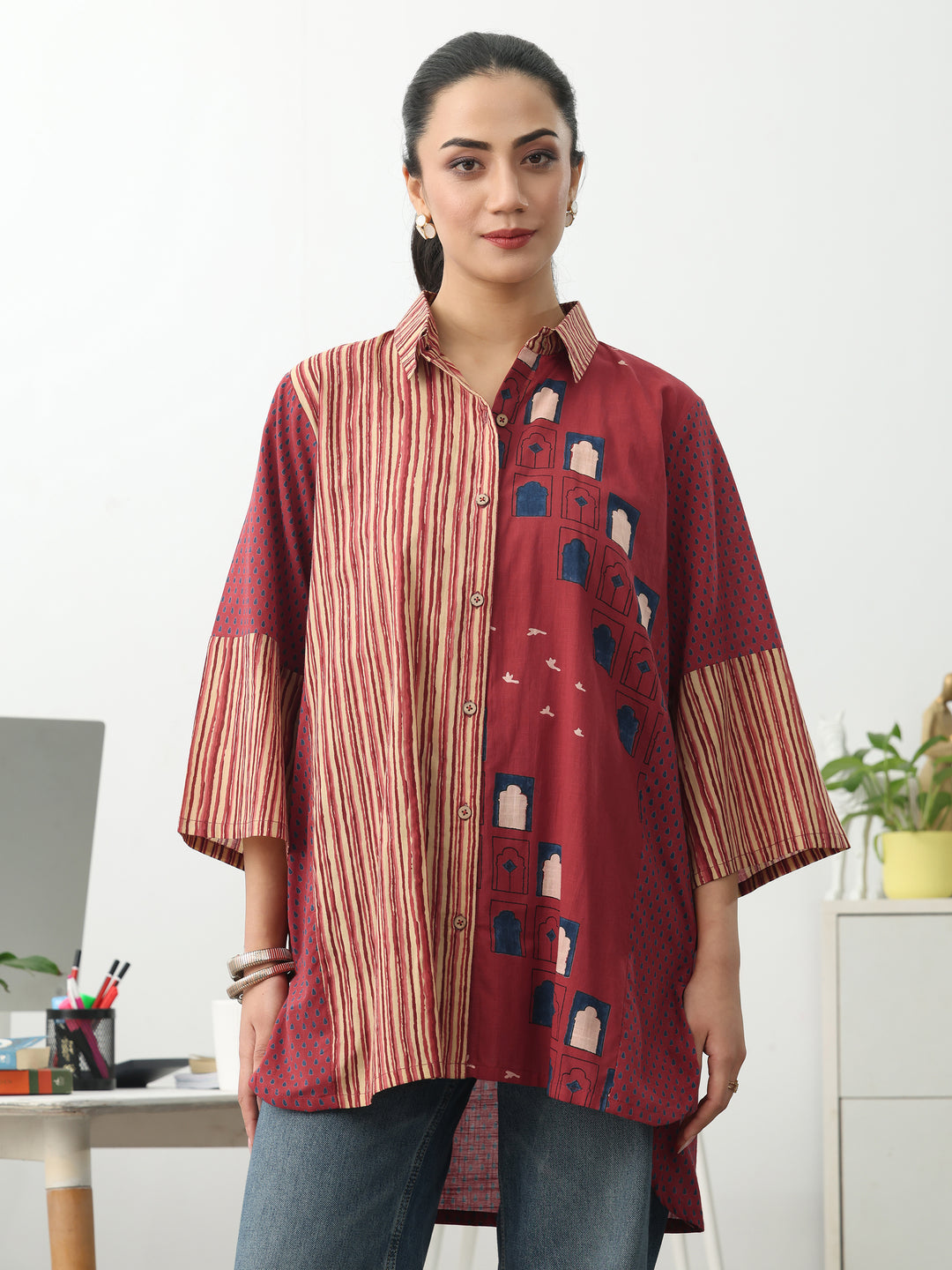  Rust Striped Printed Cotton Shirt 