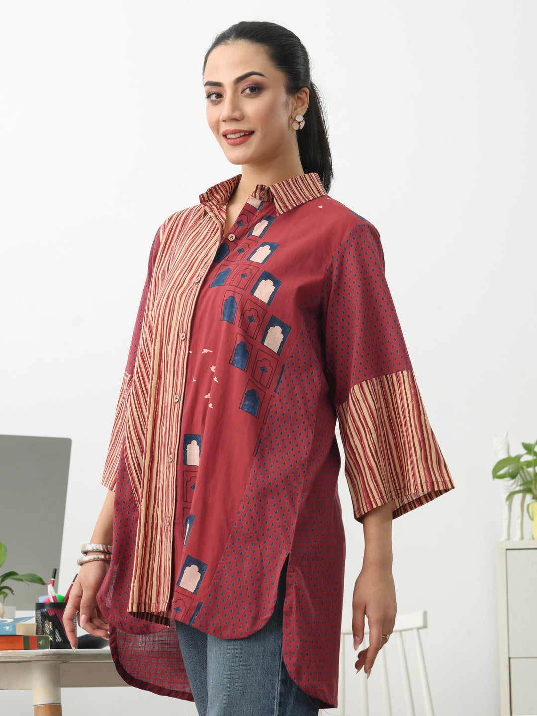  Rust Striped Printed Cotton Shirt 