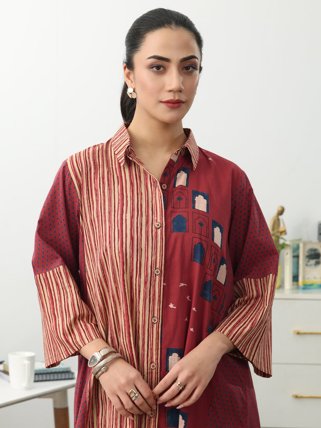  Rust Striped Printed Cotton Shirt 