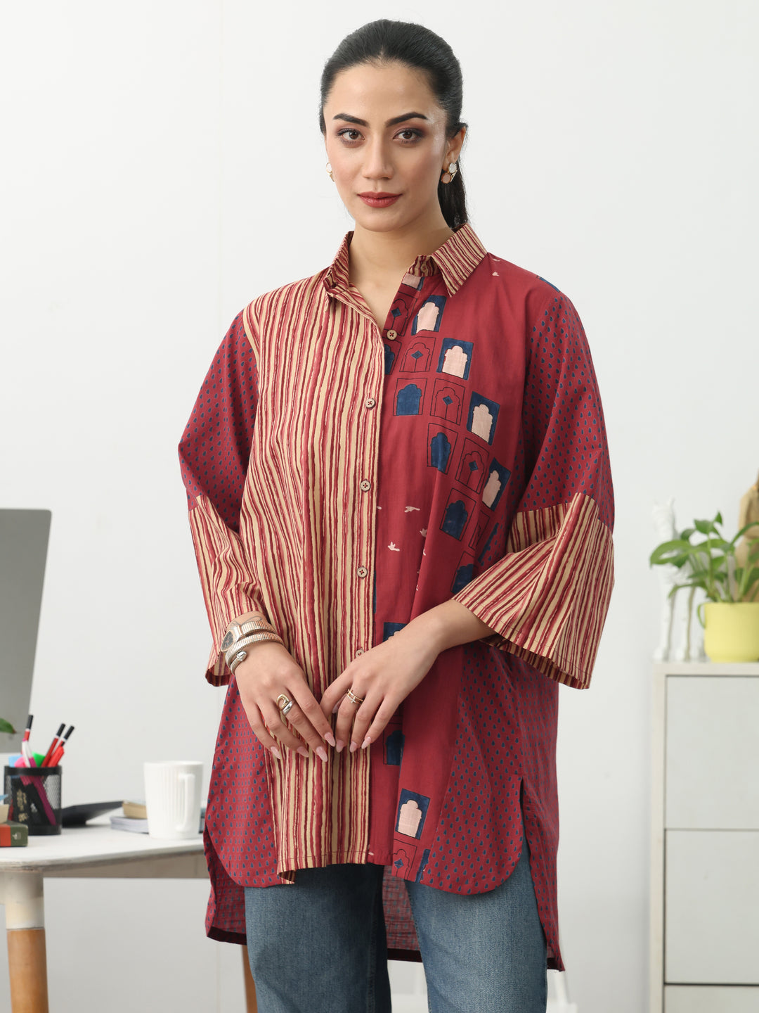  Rust Striped Printed Cotton Shirt 