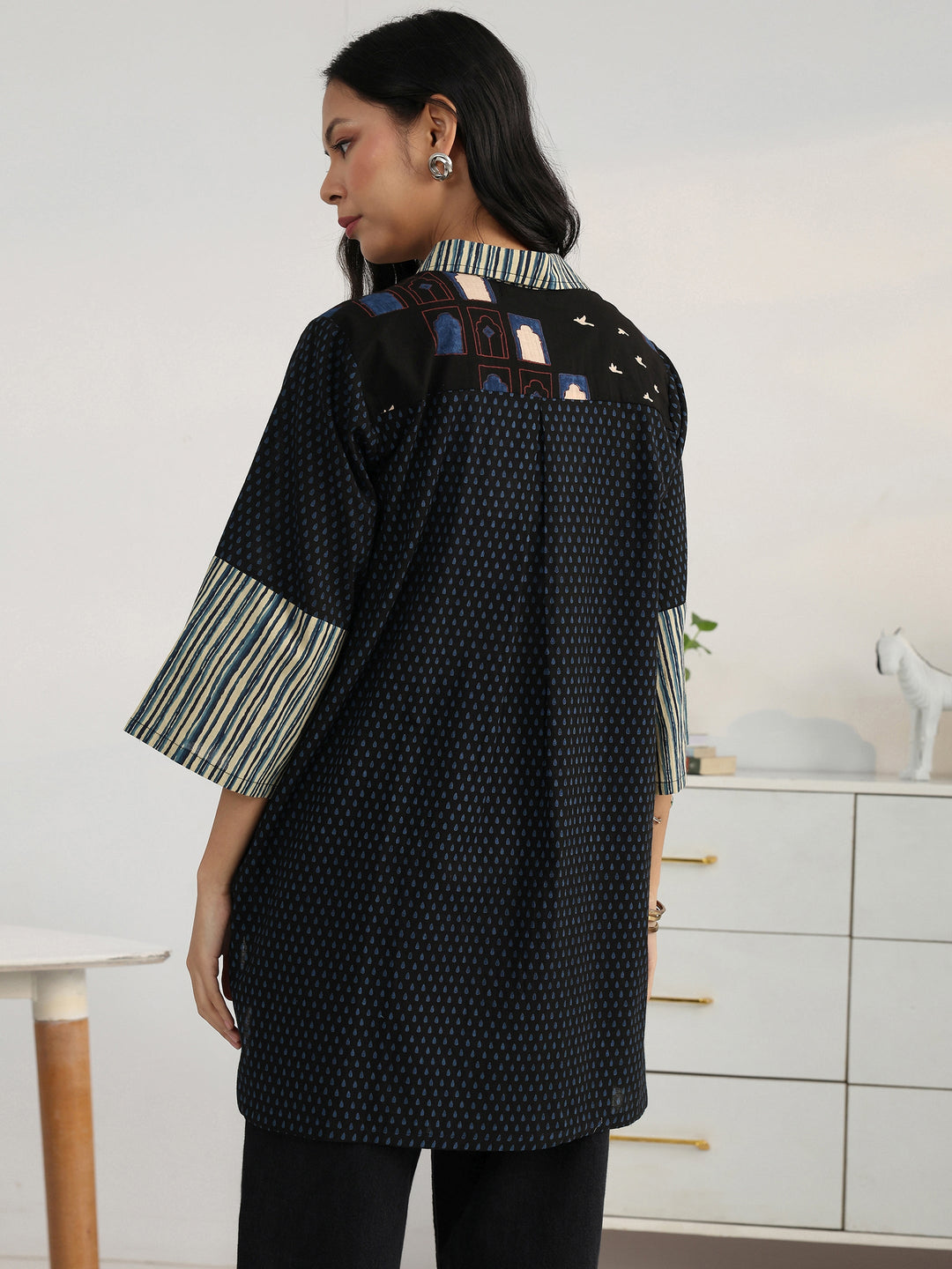  Black  Block Printed Cotton Blend Shirt 