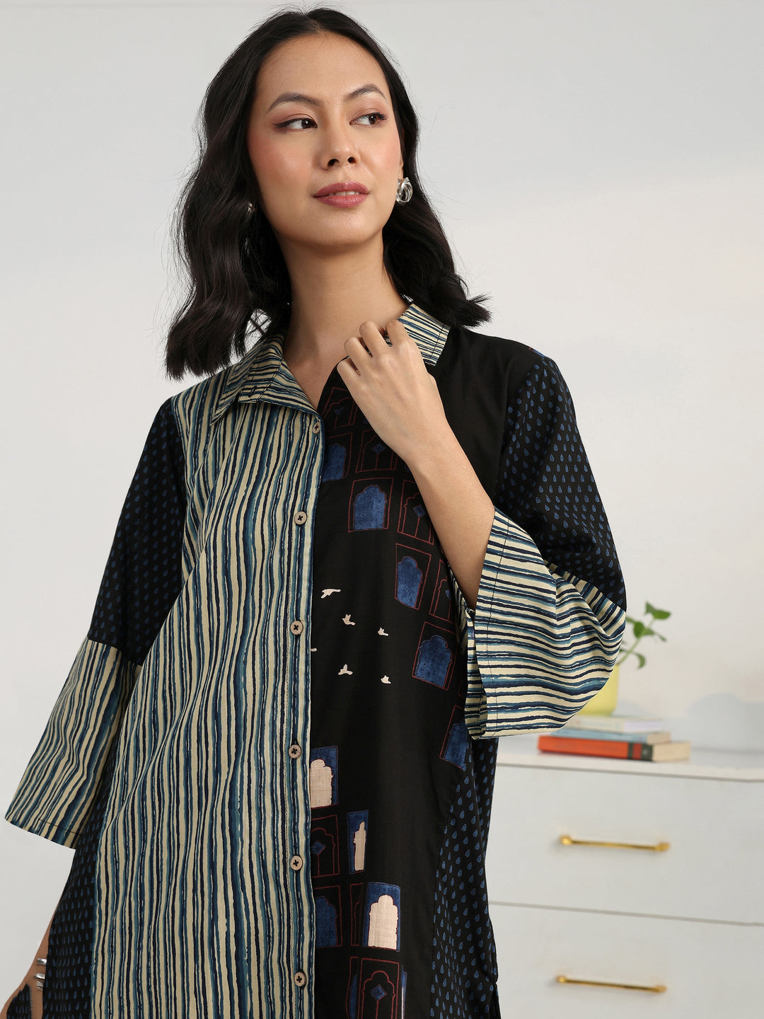  Black  Block Printed Cotton Blend Shirt 