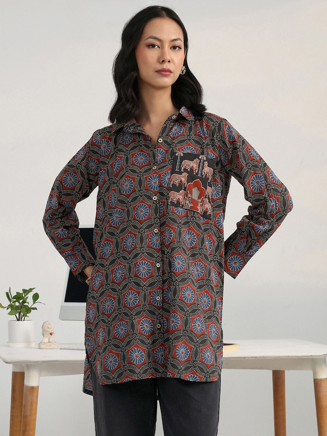  Multi Floral Printed Cotton Blend Shirt 