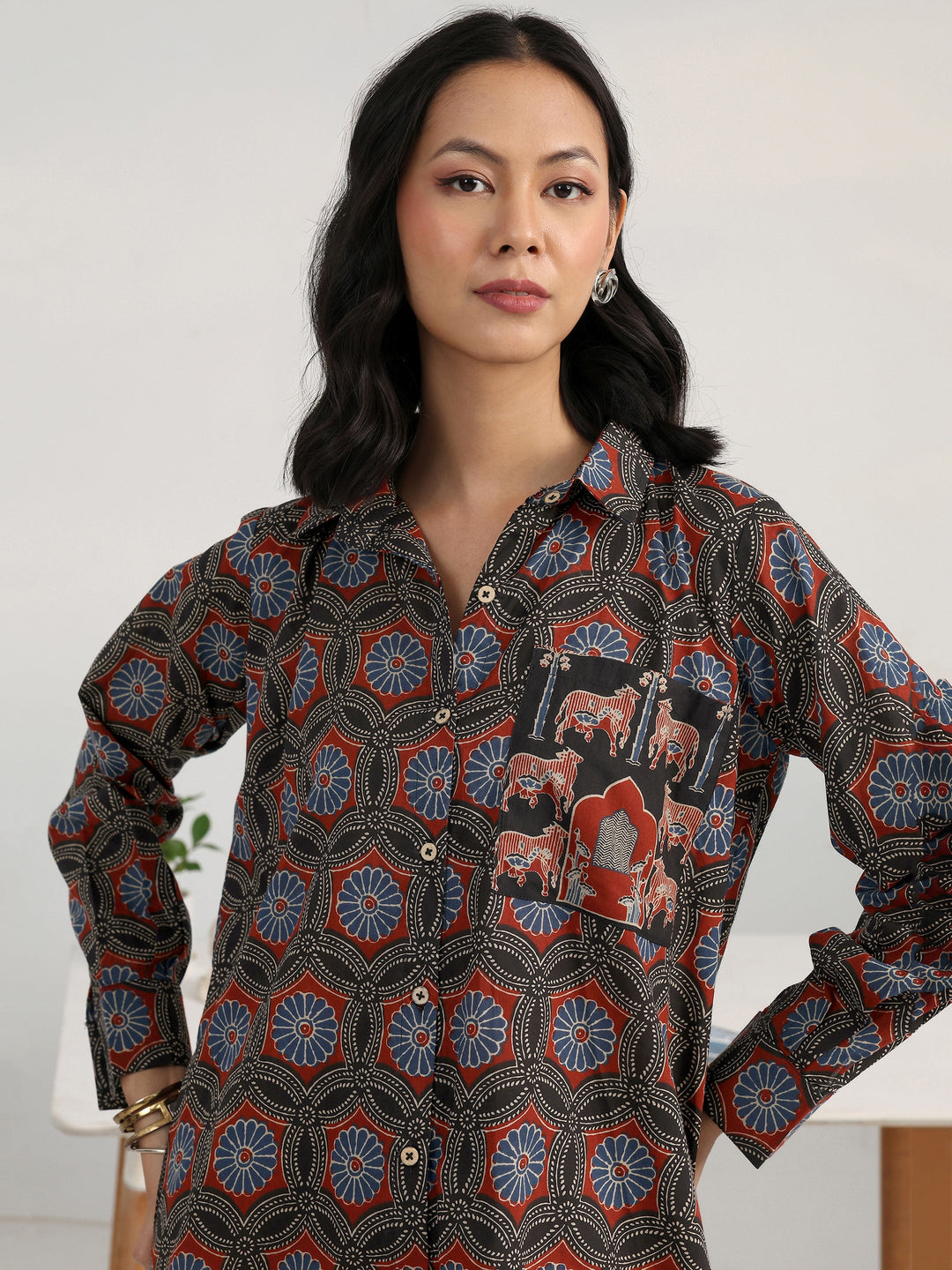  Multi Floral Printed Cotton Blend Shirt 