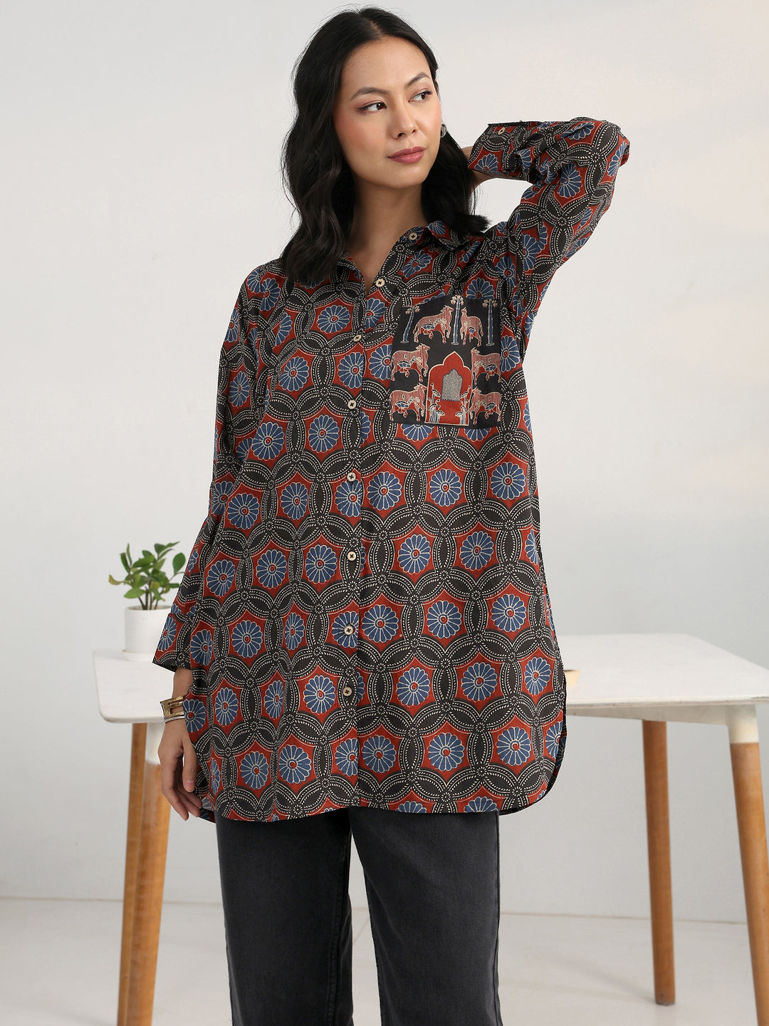  Multi Floral Printed Cotton Blend Shirt 