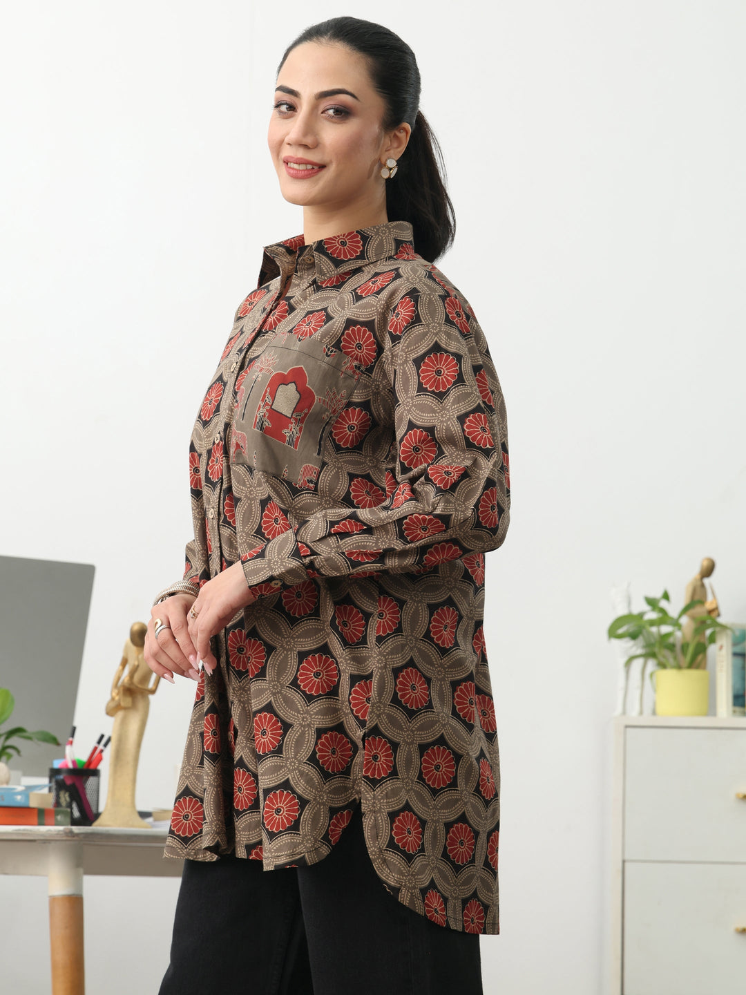  Grey Ethnic Motifs Printed Cotton Shirt 