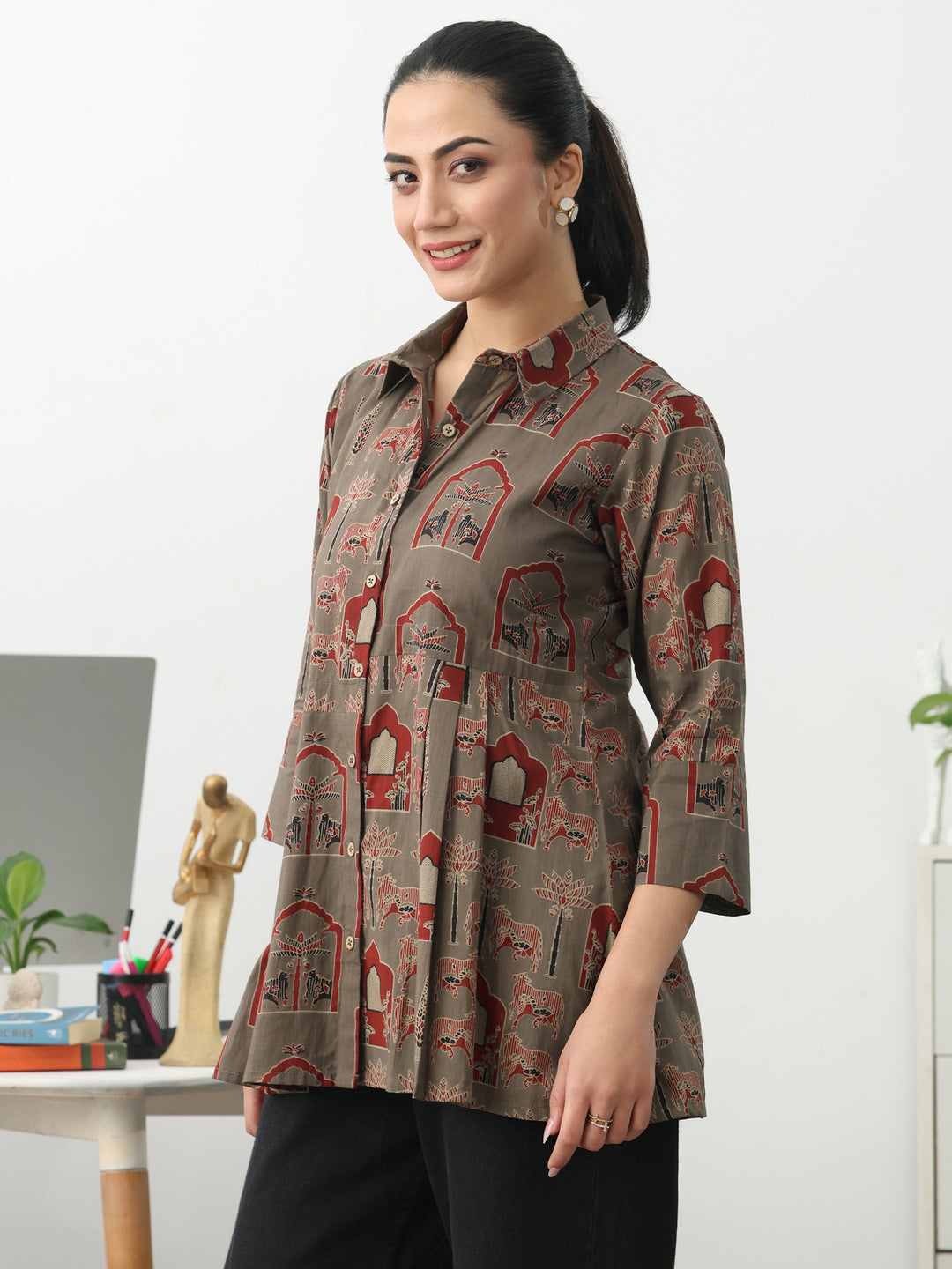  Grey Ethnic Motifs Printed Cotton Shirt 