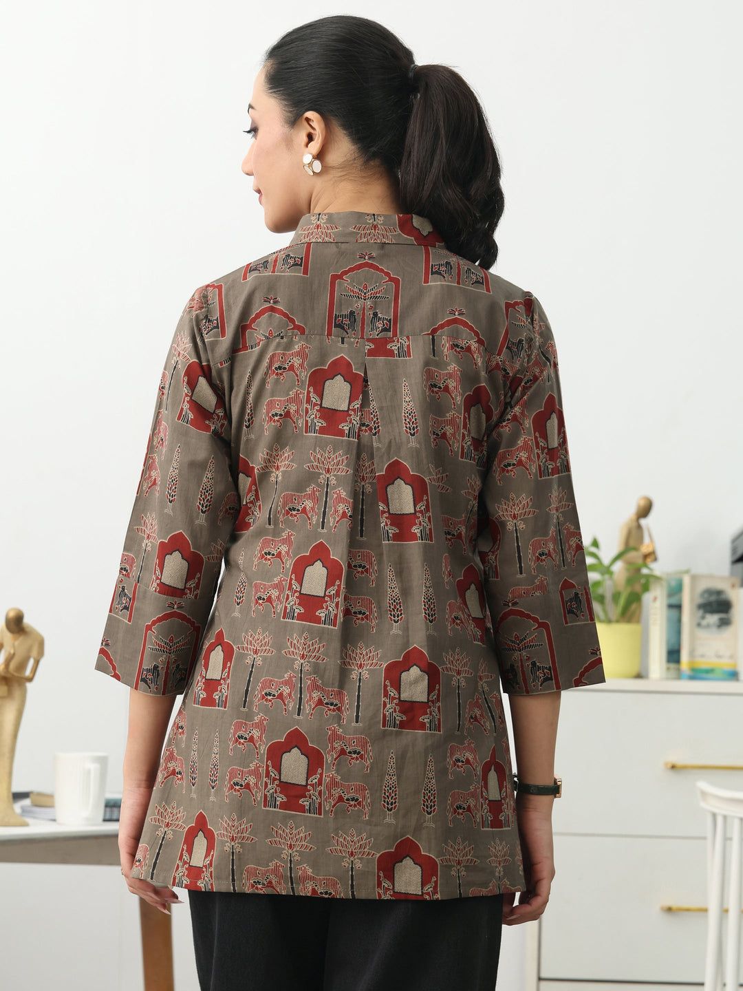  Grey Ethnic Motifs Printed Cotton Shirt 