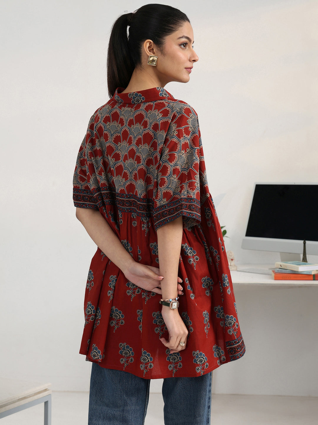  Rust Floral Printed Cotton Blend Shirt 