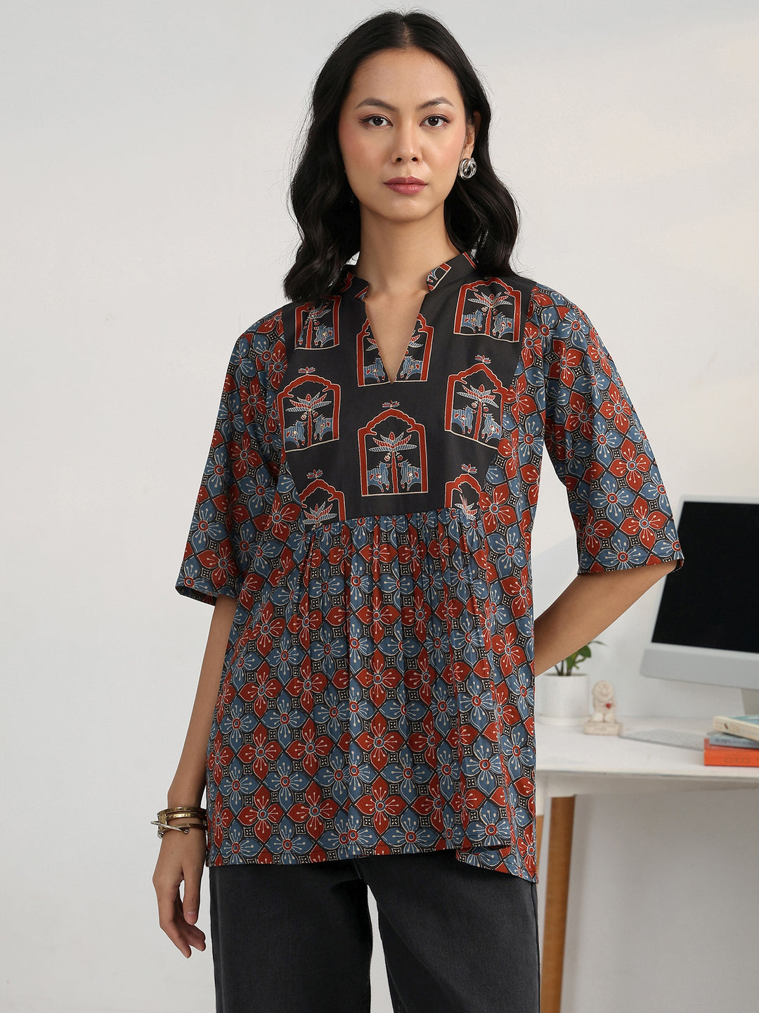  Blue Geometric Printed Cotton Blend A-Line Short Kurti 