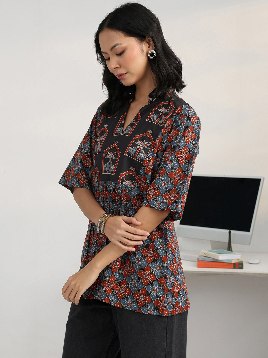  Blue Geometric Printed Cotton Blend A-Line Short Kurti 