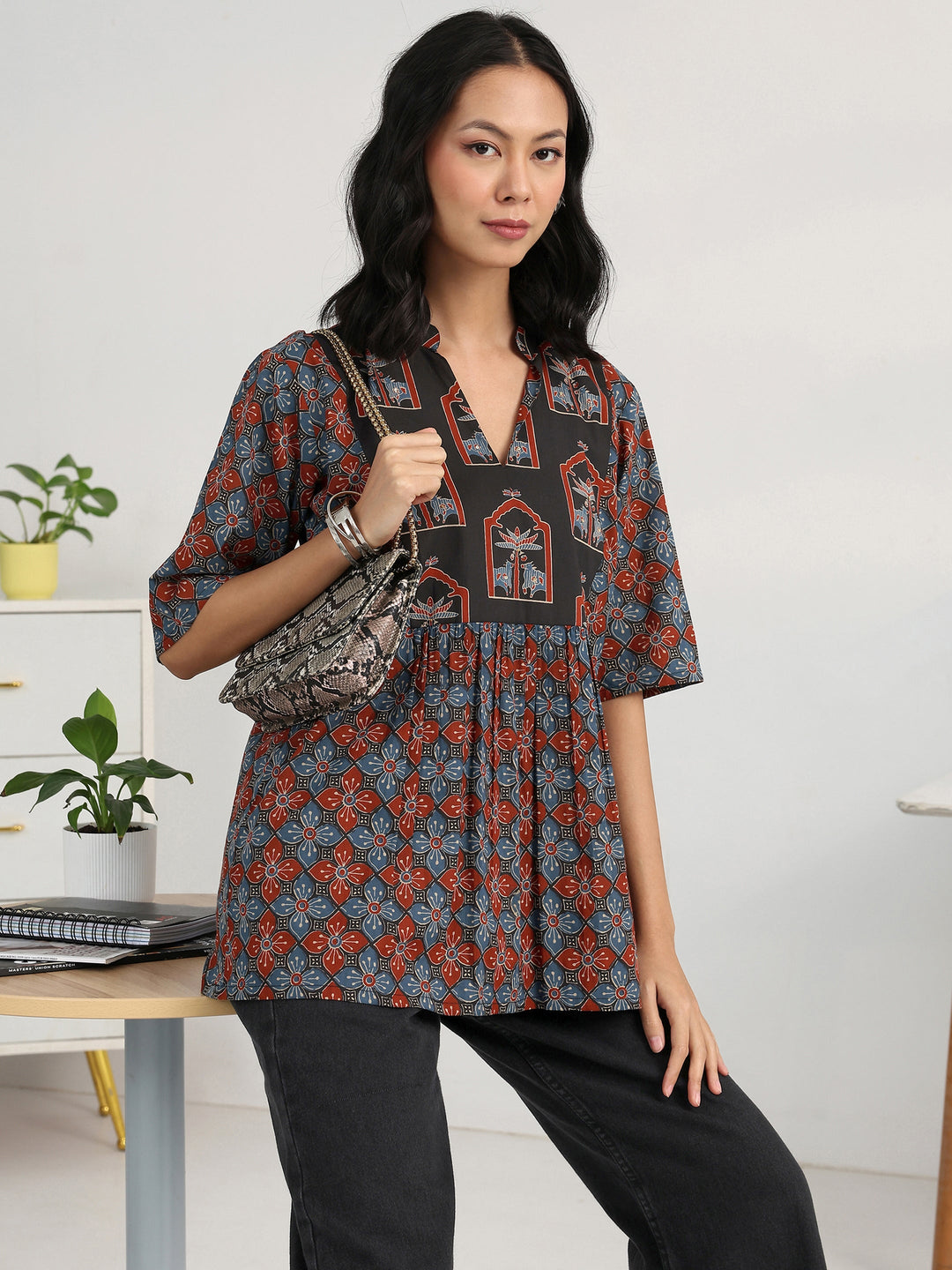  Blue Geometric Printed Cotton Blend A-Line Short Kurti 