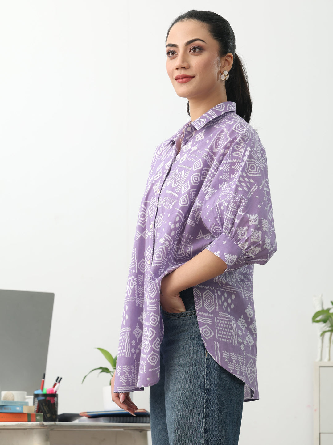  Purple Ethnic Motifs Printed Cotton Shirt 
