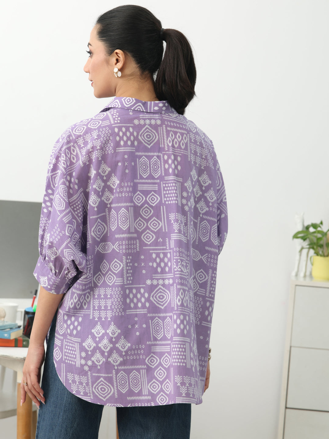  Purple Ethnic Motifs Printed Cotton Shirt 
