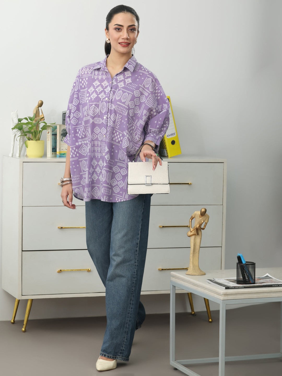  Purple Ethnic Motifs Printed Cotton Shirt 