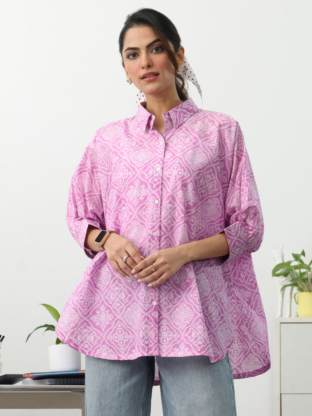  Pink Ethnic Motifs Printed Cotton Shirt 