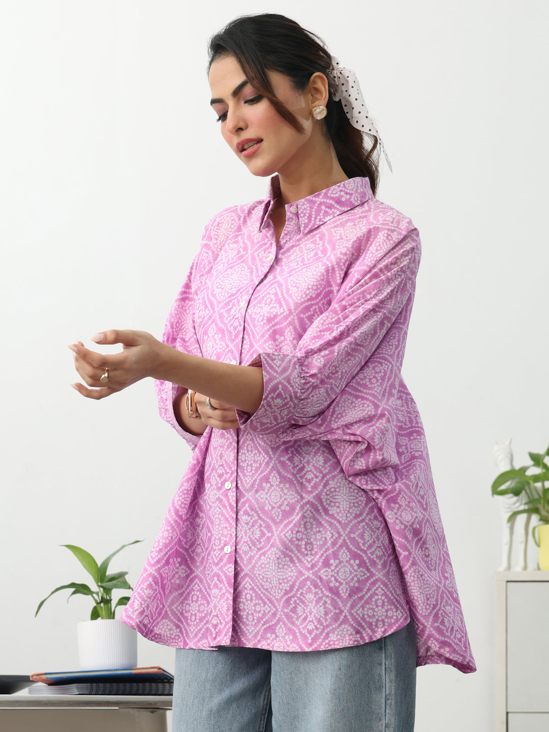  Pink Ethnic Motifs Printed Cotton Shirt 