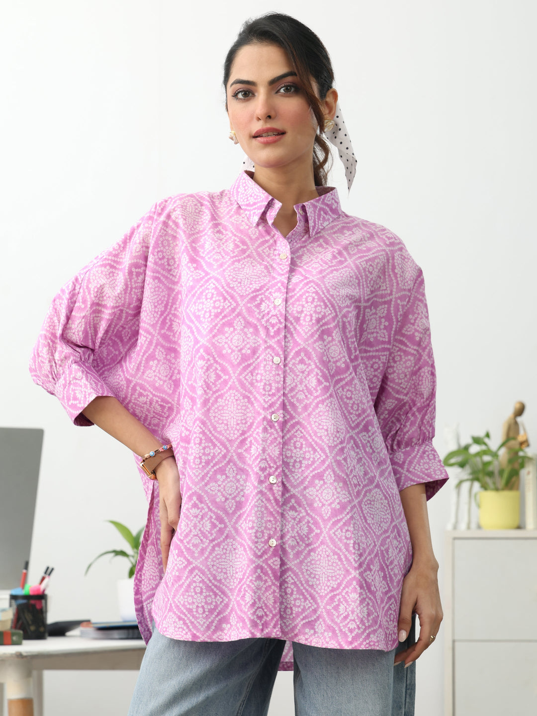  Pink Ethnic Motifs Printed Cotton Shirt 