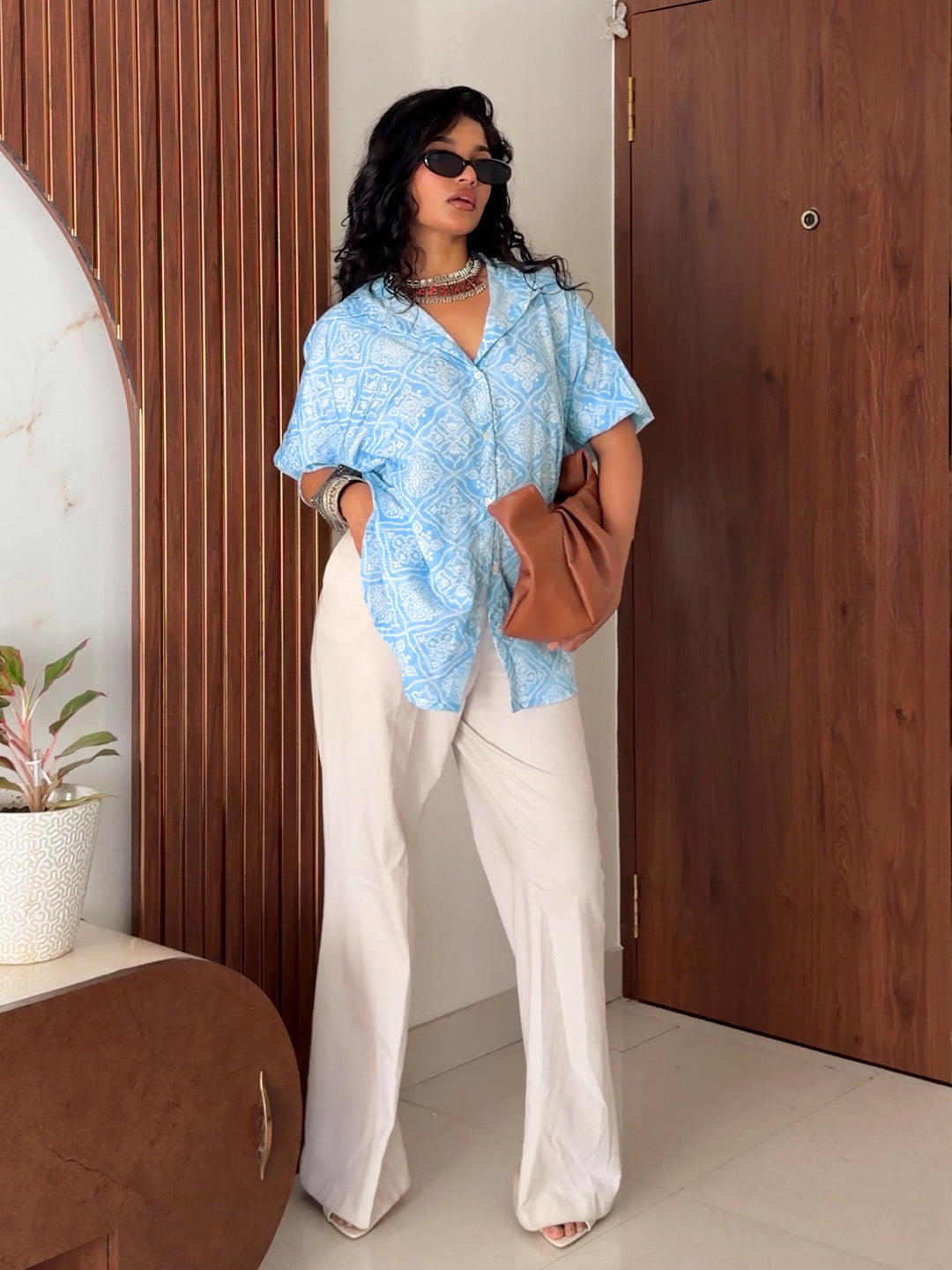  Gerua Bandhani Blue Cotton Blend Signature Shirt 