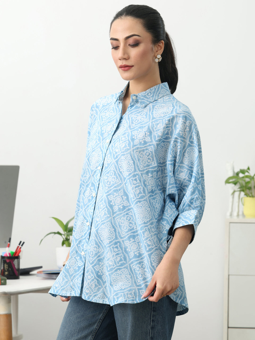 Bandhani Blue Cotton Blend Signature Shirt 